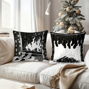 Taies d'oreiller de Noël noires et blanches avec des motifs de cheminée et de bas de Noël festifs pour une décoration de vacances chaleureuse. - Product Image 4