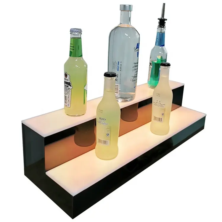 Estante de exhibición de botellas de licor, estante acrílico de 2 niveles, multicolor, LED