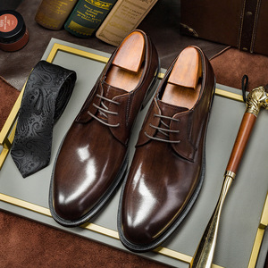Zapatos Oxford de Vestir para Hombre, de Cuero Genuino Marrón, Punta Puntiaguda, con Cordones, Formales, para Oficina, para Todas las Temporadas, Suela de Goma - Product Image 1