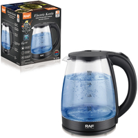 Bouilloire électrique en verre RAF 1500W, taille familiale, capacité de 2L, action de chauffe rapide, base pivotante stable à 360 degrés