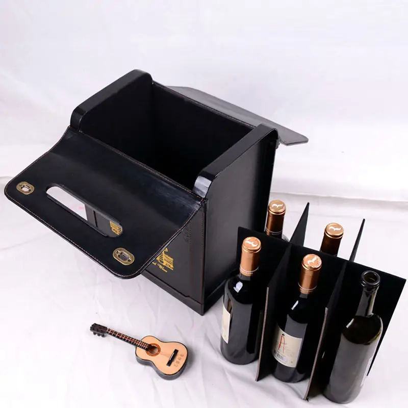 Fabrika ucuz fiyat toptan şarap taşınabilir 2 şişe seti kolu depolama siyah kırmızı PU deri şarap çift ambalaj hediye kutusu