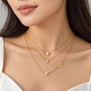 Collier à plusieurs couches en forme de cœur, acier inoxydable, plaqué or 14 carats, faux perle, zircon, trois chaînes, bijoux - Product Image 5