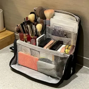 Standing <b>Makeup</b> Bag Multifunctional Large Capacity Black White Purple Accents High Quality Compartment <b>Storage</b> - Product Image 2