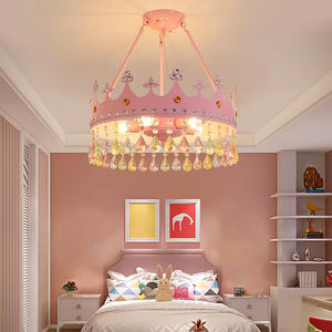 ילדים נסיכה ורוד כתר קריסטל תלוי גוף e27 נורה 3cct הוביל תקרה תליון חדר שינה ילדה - Product Image 1