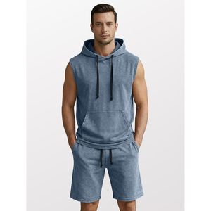 Conjunto de Sudadera sin Mangas y Pantalones Cortos para Hombre FOXA, Ropa Deportiva de Algodón Lavado al Ácido, Traje Deportivo Informal para Hombre - Product Image 2