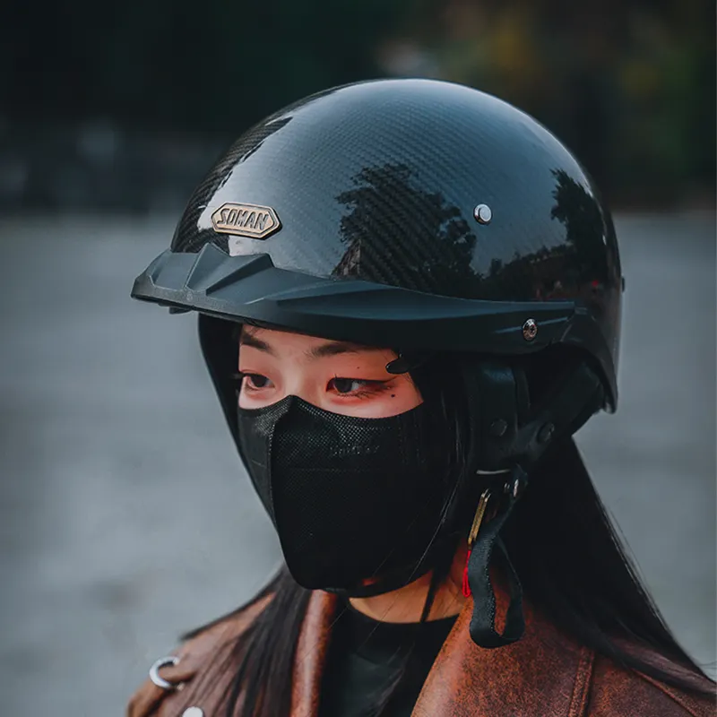SOMAN-casco de media cara de fibra de carbono para motocicleta, protector de cabeza de moto de fibra de carbono con lente interior retro, capacete para moto sport street touring H3