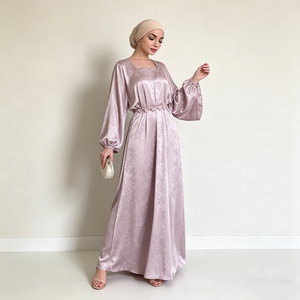 Vestidos Maxi Abaya Elegantes y Modestos con Cuello Cuadrado, Manga Larga Abullonada, Cintura Ajustada y Diseño Jacquard de Satén Personalizados - Product Image 2