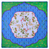 Tapis de Mahjong Style Américain 31,5x31,5 Pouces en Tissu Technique Bleu-Vert avec Règles Imprimées, Jokers, Dragons et Motifs de Jardin Chinois
