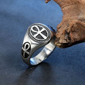 Stainless Steel <b>Ring</b> with Ankh Emblem Classic Signet Design Two Tone <b>Silver</b> and Gold Textured Black Face Vintage Style <b>for</b> <b>Men</b> - Product Image 4