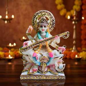 Estatua de Saraswati de Resina, Artesanía Nirmala |   Figura Religiosa Pintada a Mano para Decoración del Hogar u Oficina - Product Image 3