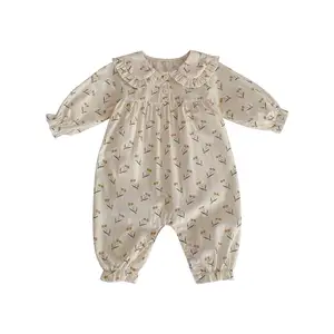 Patlayıcı bebek çocuk tulum uzun kollu pantolon ince onesie küçük çiçek bebek yaka bebek tulum % 100% pamuk