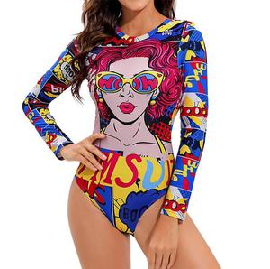Traje de Baño Deportivo de Manga Larga para Mujer, Estampado en Todo el Cuerpo, con Material de Spandex/Poliéster, de Secado Rápido y Transpirable - Product Image 2