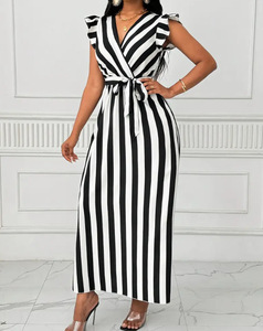Robe longue d'été 2026 pour femme, respirante, à taille naturelle cintrée, rayée rouge et blanc, col en V, bord à volants, à lacets - Product Image 4
