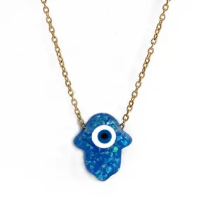 Customs Gold Plated Jewelry Synthetic Opal Hamsa Pendant Necklace Blue Turkish Evil Eye Necklaces for Women Bulk