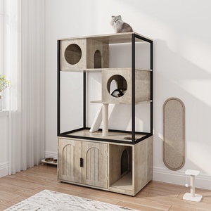 Caja de arena grande para gatos, muebles, casa de madera para gatos con poste rascador - Product Image 1
