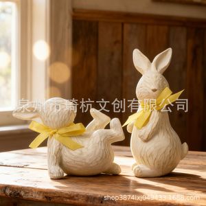 Figurine de lapin en résine minimaliste nordique avec ruban jaune, décoration pour la maison, salon, bureau, artisanat artistique, cadeau - Product Image 1