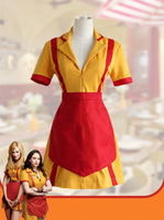 Costume de serveuse de restaurant rétro pour femmes, déguisement d'Halloween, tablier rayé jaune et rouge vintage avec poche, uniforme sexy pour adultes, robe de fête cosplay
