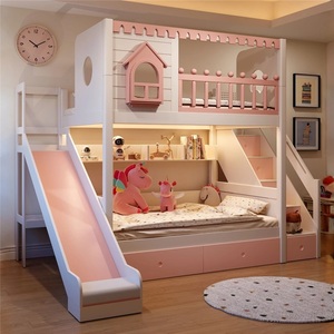 Cama litera estilo castillo <span class=keywords><strong>de</strong></span> cuento <span class=keywords><strong>de</strong></span> hadas JS <span class=keywords><strong>para</strong></span> <span class=keywords><strong>niñas</strong></span>, con estructura <span class=keywords><strong>de</strong></span> madera maciza resistente, tobogán, escalera, armario y doble cajón. - Product Image 2