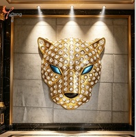 Sculpture murale tête de léopard en résine réaliste, décorations imitation diamant, yeux de chat bleus, style sauvage de luxe, tendance