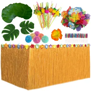 Oggetti di scena per feste in famiglia gonna da tavolo con nappe hawaiane foglia posteriore di tartaruga fiore di ibisco decorazione da tavola gonna da tavolo in erba