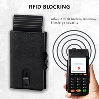 Dompet Kartu Kredit Lipat Dua Kulit Saffiano Warna-Warni Mewah, Kulit Asli Bertekstur Silang, Pembuka Otomatis, Anti-RFID, Anti-Maling, Pendek