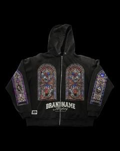 BRANDNAME Studios Men's Oversized <b>Zip</b>-Up <b>Hoodie</b> <b>Black</b> Stained Glass Print Streetwear Hooded Sweatshirt Autumn Casual Hoodies - Product Image 2
