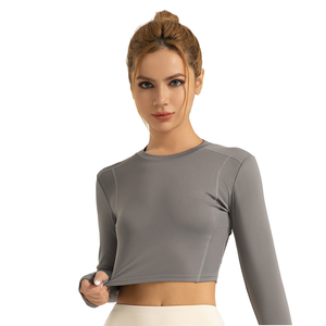 Quick-drying Breathable Anti-Bacterial Plus Size Fitness Exercise Long-sleeved High-<b>neck</b> Yoga <b>Top</b> Skinny Fit Spandex/Nylon Solid - Product Image 1