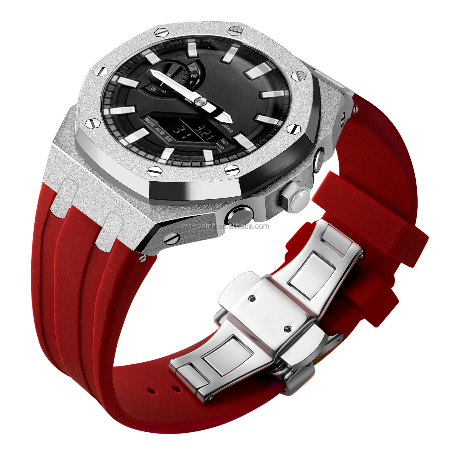 Boîtier en argent givré + bracelet en silicone rouge