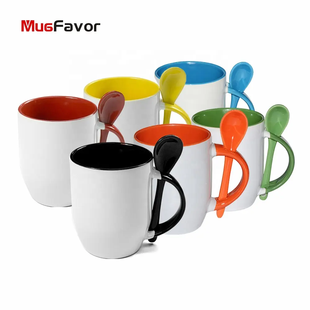 MugFavor-taza de café con cuchara de cerámica de 12oz, taza de café personalizada, Color interior, MCS12, sublimación en blanco, venta al por mayor