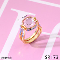 Parure de bijoux de luxe colorée en pierres précieuses carrées pour femme, plaqué or, collier, boucles d'oreilles et bagues en cristal rose, tendance, cadeau pour mariage ou fête