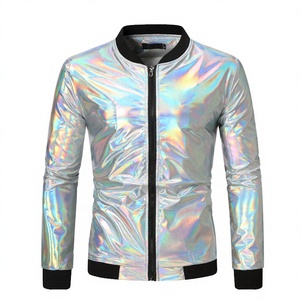 Custom Men's Iridescent <b>Canvas</b> Windproof Bomber <b>Jacket</b> Slim Fit Turn Collar Zipper Closure Gradient Coated Streetwear Autumn - Product Image 1