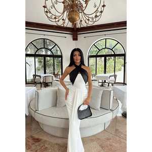 Vestido de Fiesta Blanco de Dos Tonos para Mujer, Estilo Aralia, Cintura Imperio, Cuello Alto, Largo hasta el Suelo, Talla Grande - Product Image 4