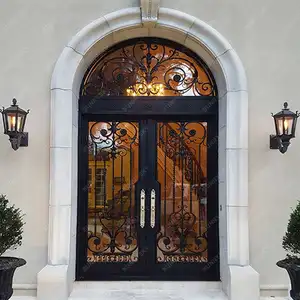 XIYATECH Design de luxe rond arqué intérieur extérieur avant double verre portes en fer forgé prix pour villa maison