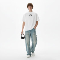 Jean baggy homme en coton délavé bleu clair 100% avec imprimé oiseaux, coupe charpentier, multi-poches, jambe large, style streetwear