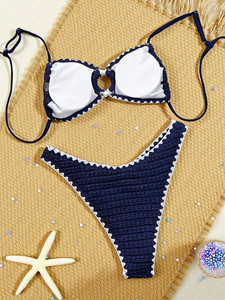 Ensembles <span class=keywords><strong>de</strong></span> bikinis O-Ring pour femmes, maillots <span class=keywords><strong>de</strong></span> <span class=keywords><strong>bain</strong></span> bandage, maillots <span class=keywords><strong>de</strong></span> <span class=keywords><strong>bain</strong></span> coupe haute, maillots <span class=keywords><strong>de</strong></span> <span class=keywords><strong>bain</strong></span> 2 pièces à rayures contrastées, vente en gros, OEM, logo personnalisé - Product Image 3