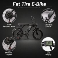 Vélo électrique Scrambler Style Fat Tire 750W 48V 15AH avec cadre en acier haute teneur en carbone, 7 vitesses, frein à disque hydraulique, suspension avant, écran LCD