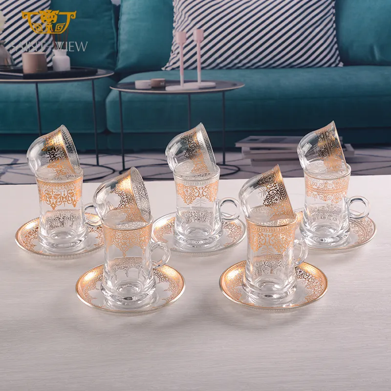 6Pcs Cawa Drinking Applique Crystal Espresso Tea Glass Cups with Saucers Set