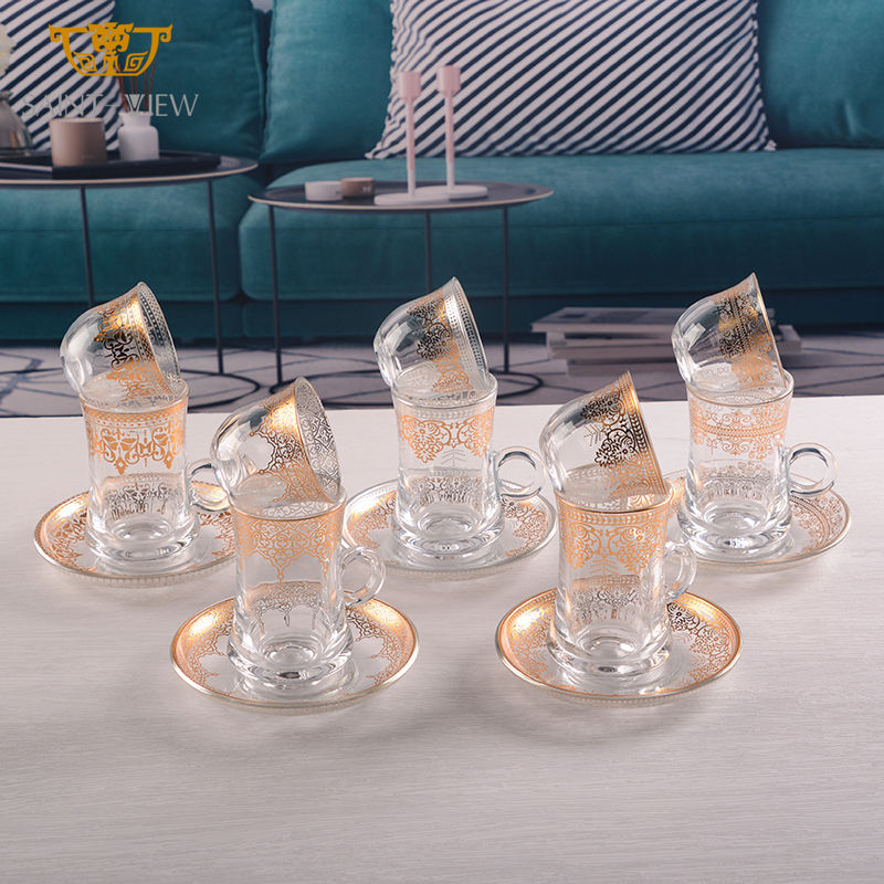 6Pcs Cawa Drinking Applique Crystal Espresso Tea Glass Cups with Saucers Set