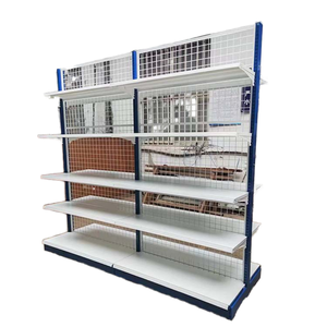 Double-Sided Supermarket <b>Shelf</b> With Wire Mesh Back Panel White And Blue Metal Construction - Product Image 1