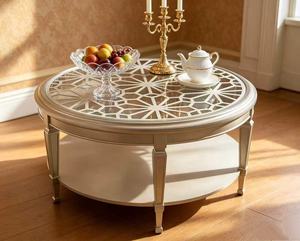 Champagne <b>Gold</b> <b>Round</b> Glass Coffee <b>Table</b> with Geometric Lattice Top & Lower Shelf - Product Image 2