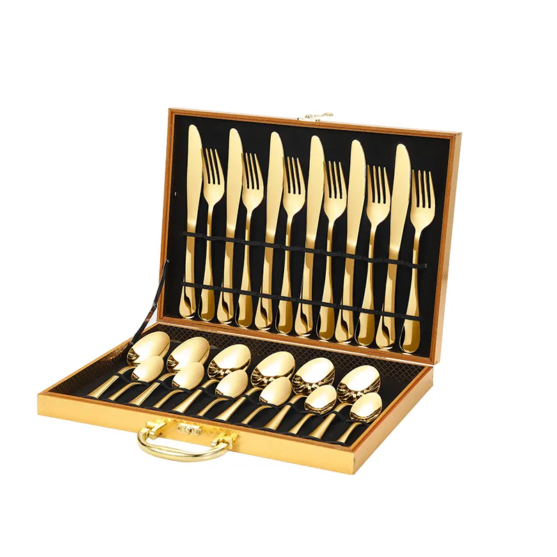 New Selling 24pcs Cutlery Set Gold Stainless Steel Knife And Fork Spoon with Wooden case