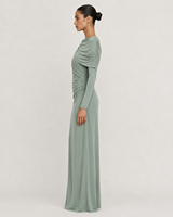 Robe longue drapée et froncée sur mesure pour femme, vert sauge, fabrication OEM, fabricant, tenue de soirée élégante, fournisseurs en gros