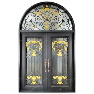Il miglior cancello per porta in ferro battuto antiruggine esterno ad arco superiore con vetro artistico per la porta d'ingresso della Villa