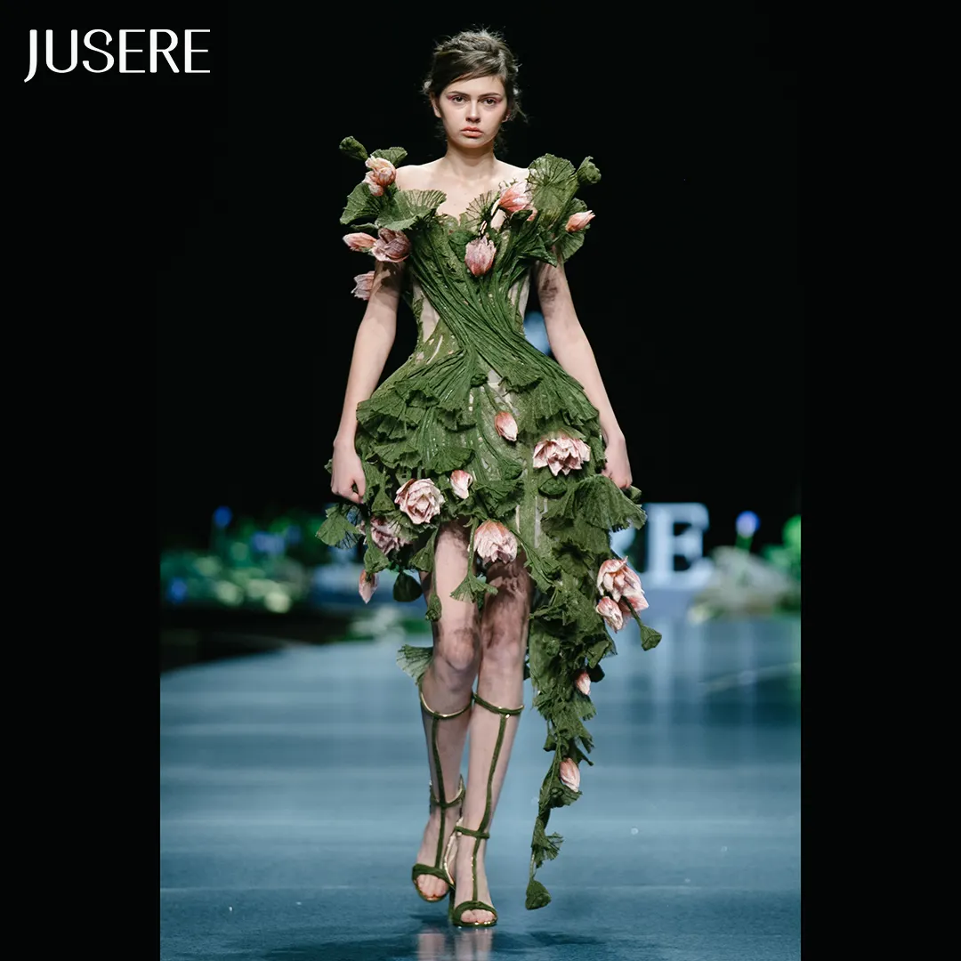 Résistantes — robe de soirée courte verte, tenue de soirée formelle, broderie 3D fleur de Lotus, longueur aux genoux, épaules dénudées, à la mode