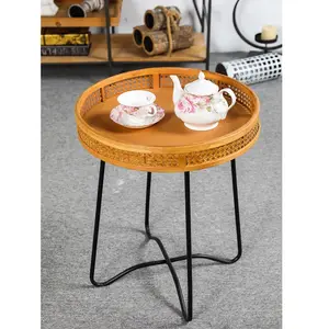 INNOVA living room furniture country natural design bamboo wood round side coffee table tea table with metal leg