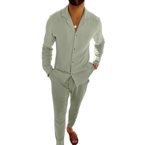 Completi da <span class=keywords><strong>uomo</strong></span> in <span class=keywords><strong>lino</strong></span>, primaverili/autunnali, casual, con camicia a maniche lunghe e pantaloni, set due pezzi, <span class=keywords><strong>abbigliamento</strong></span> <span class=keywords><strong>uomo</strong></span> alla moda. - Product Image 2