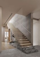 Escalier à poutre unique CBMmart, intérieur, en métal, avec corde, garde-corps en verre, design en marbre, avec plans 3D