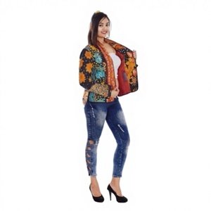 Women's Designer Reversible <b>Kantha</b> Short <b>Jacket</b> Breathable Eco-Friendly Floral Pattern Indian Cotton Plus Size Button Decoration - Product Image 1