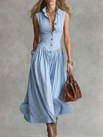Robe midi plissée à col rabattu et boutonnée sur le devant pour femme, nouvelle mode, sans manches, coupe trapèze longue