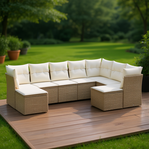 Ensemble de canapés de jardin en rotin beige avec coussins en mousse haute densité, mobilier d'extérieur, design élégant et durable - Product Image 2